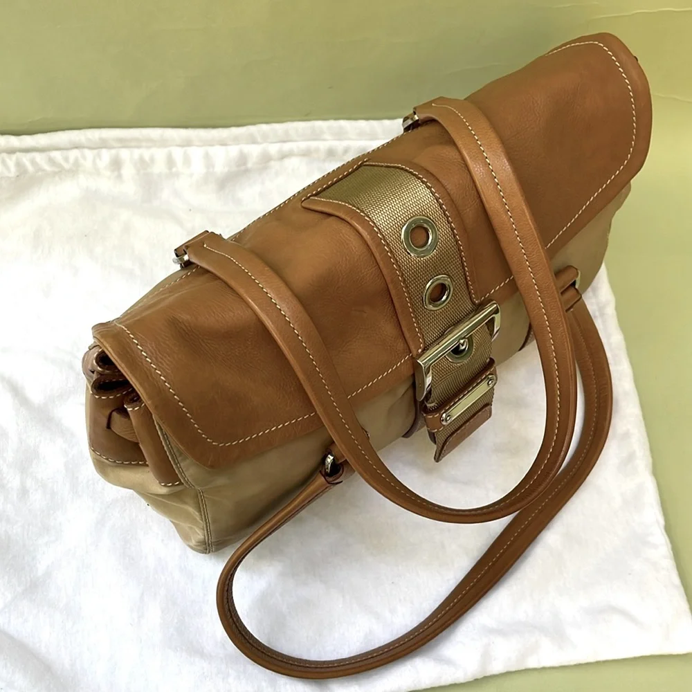 Vintage tan/silver Prada nylon/leather bag with dust bag